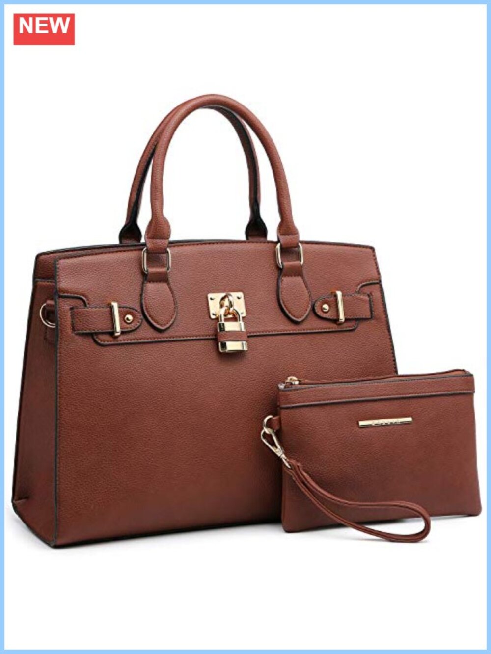 Vegan Leather Satchel Handbag & Clutch Set Work Tote with Shoulder Strap